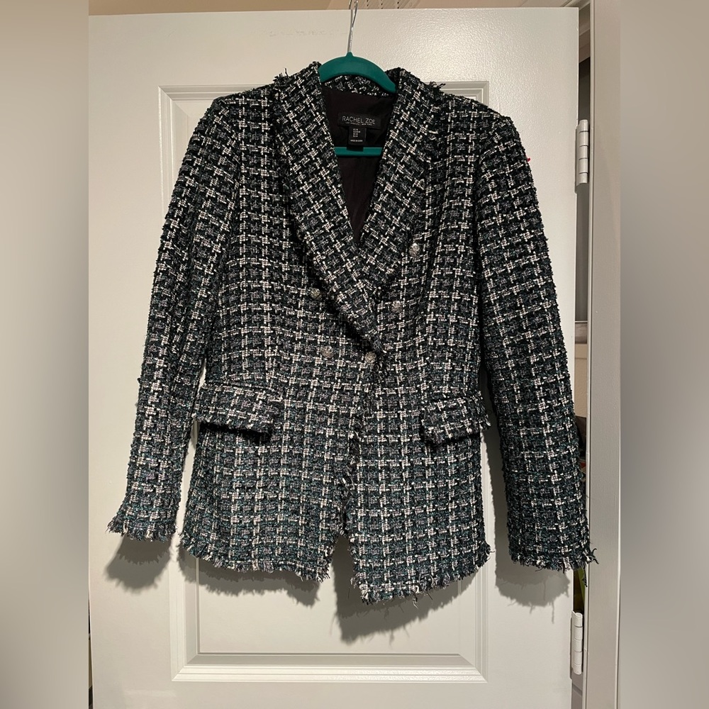 Rachel Zoe Tweed Green Tartan Plaid Blazer, Size M